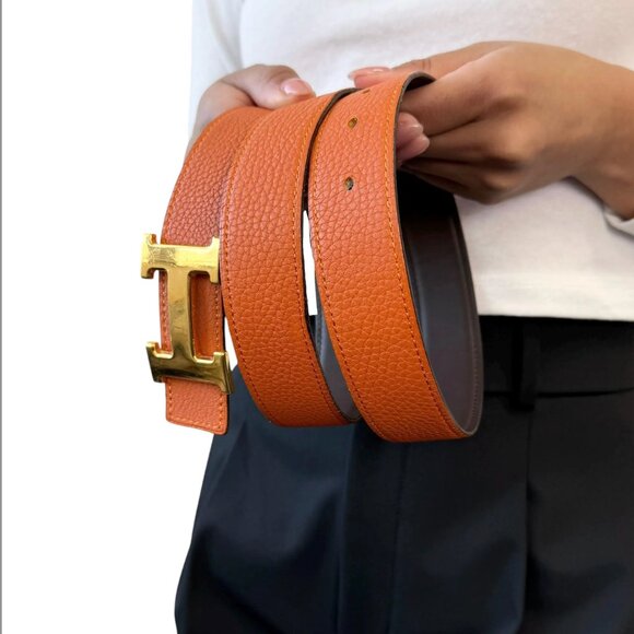 HERMES Vintage Logo Constance Belt #95 Accessory Orange Gold Leather - Picture 3 of 10